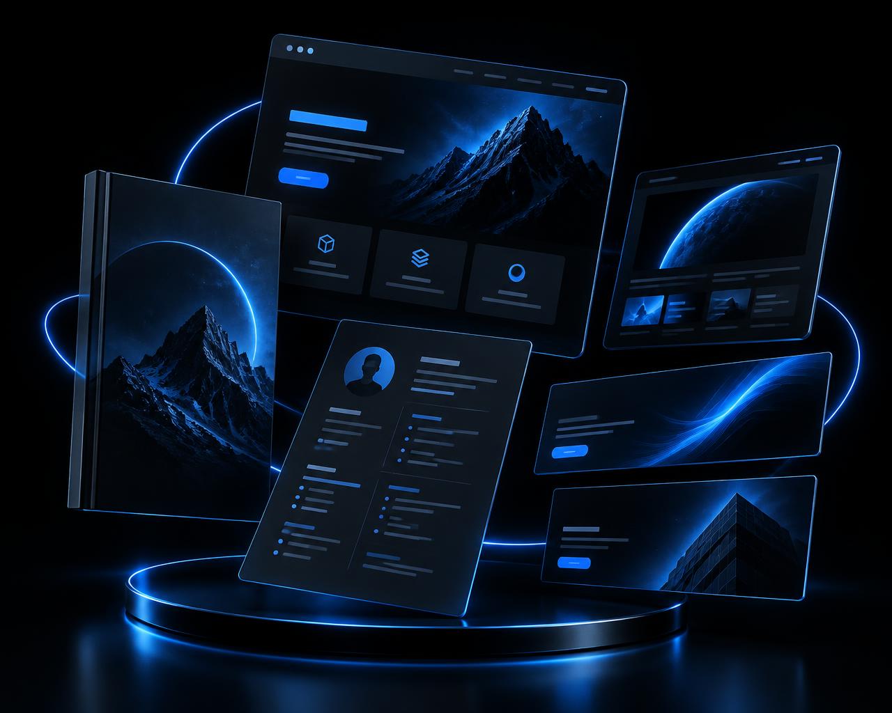 Composição com telas de sites, e-book, currículo e banners digitais